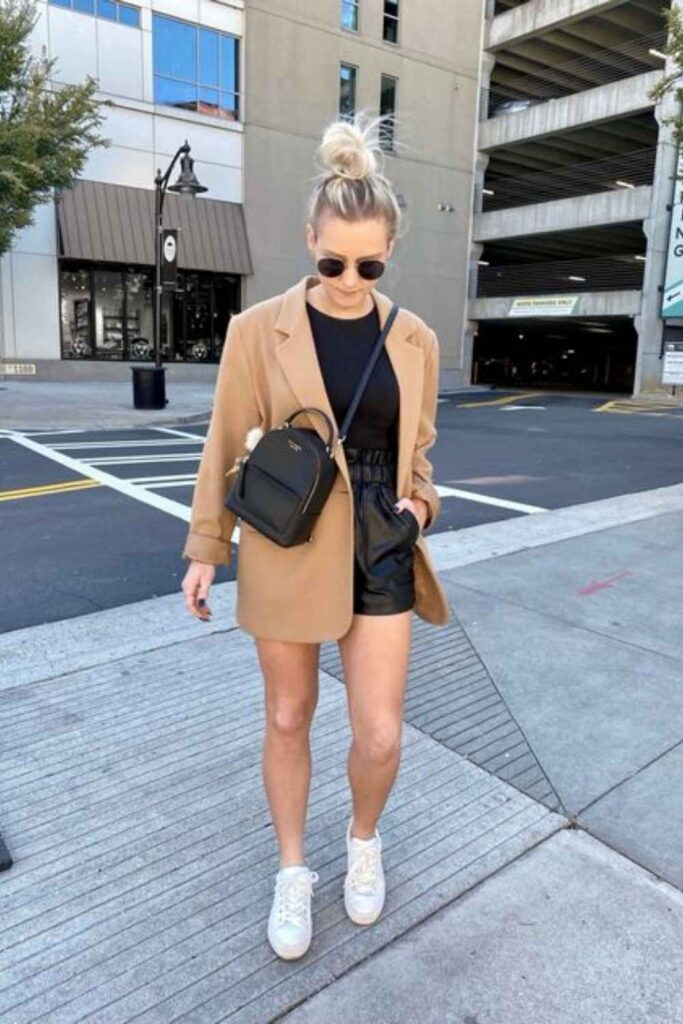 33 Stunning Office Outfits Women That Work From Desk to Dinner 17 Oversized Camel Blazer with Matching Shorts and Sheer Black Tights