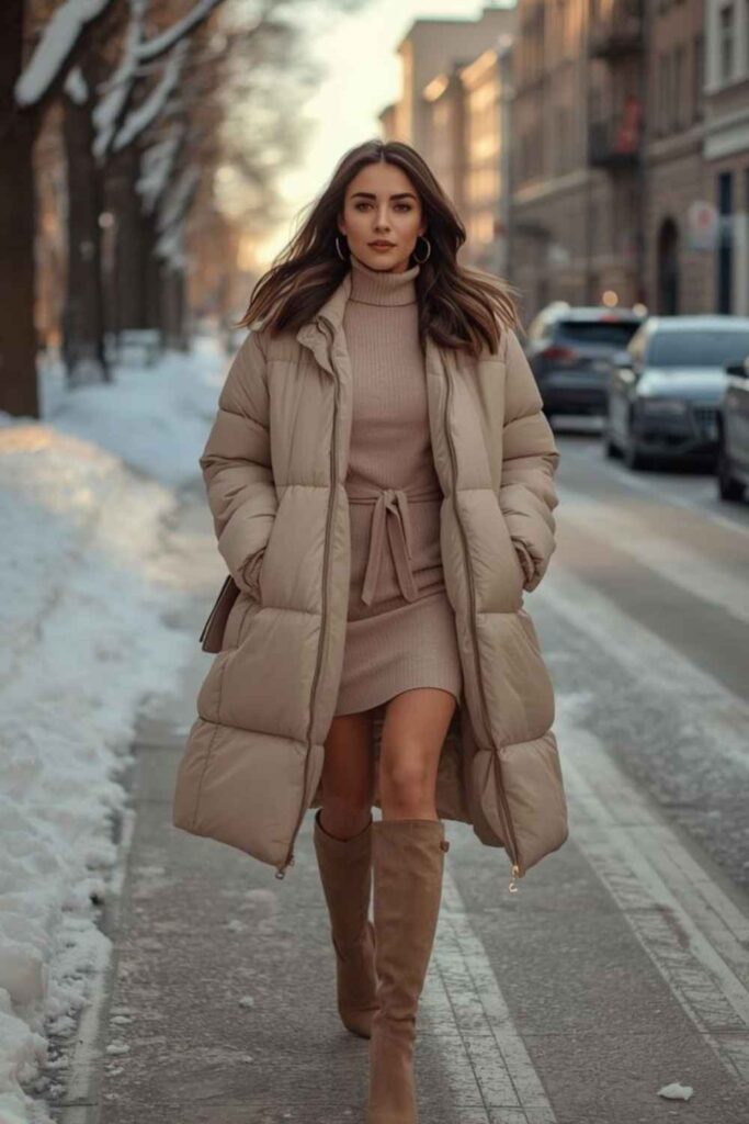 oversized-cream-puffer-coat-over-a-camel-turtleneck-and-brown-knee-high-bootsOversized Cream Puffer Coat Over a Camel Turtleneck and Brown Knee-High Boots