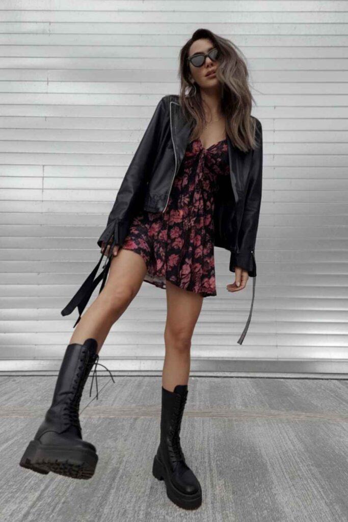 17 Street Style Outfits Casual Enough for Everyday But Cool Enough to Turn Heads 7 Oversized Leather Jacket Over a Floral Mini Dress with Combat Boots