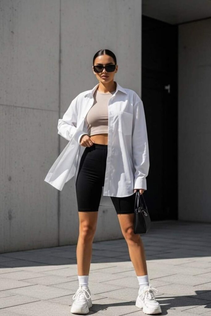 Oversized White Button-Down Shirt with Biker Shorts