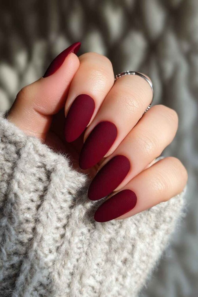 27 Red Acrylic Nails Designs That Look Expensive Without Trying Too Hard (2026) 9 Oxblood Red Coffin Nails with Satin Finish