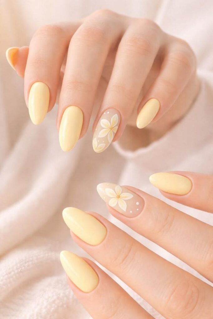 39 Quick Nail Designs Easy Enough to Do at Home (That Actually Look Salon-Done) 14 Pale Yellow with Pressed Flower Detail