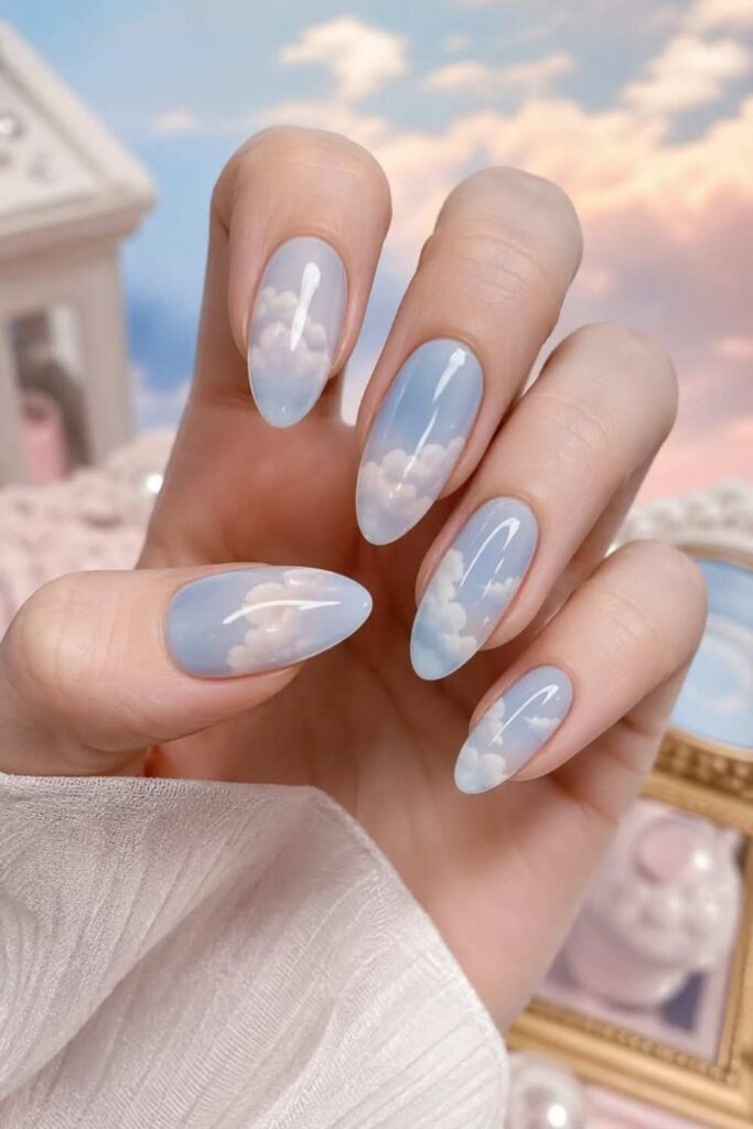 67 Nail Art Tutorial Ideas That Are Actually Worth Saving in 2026 9 Pastel Blue with White Cloud Details