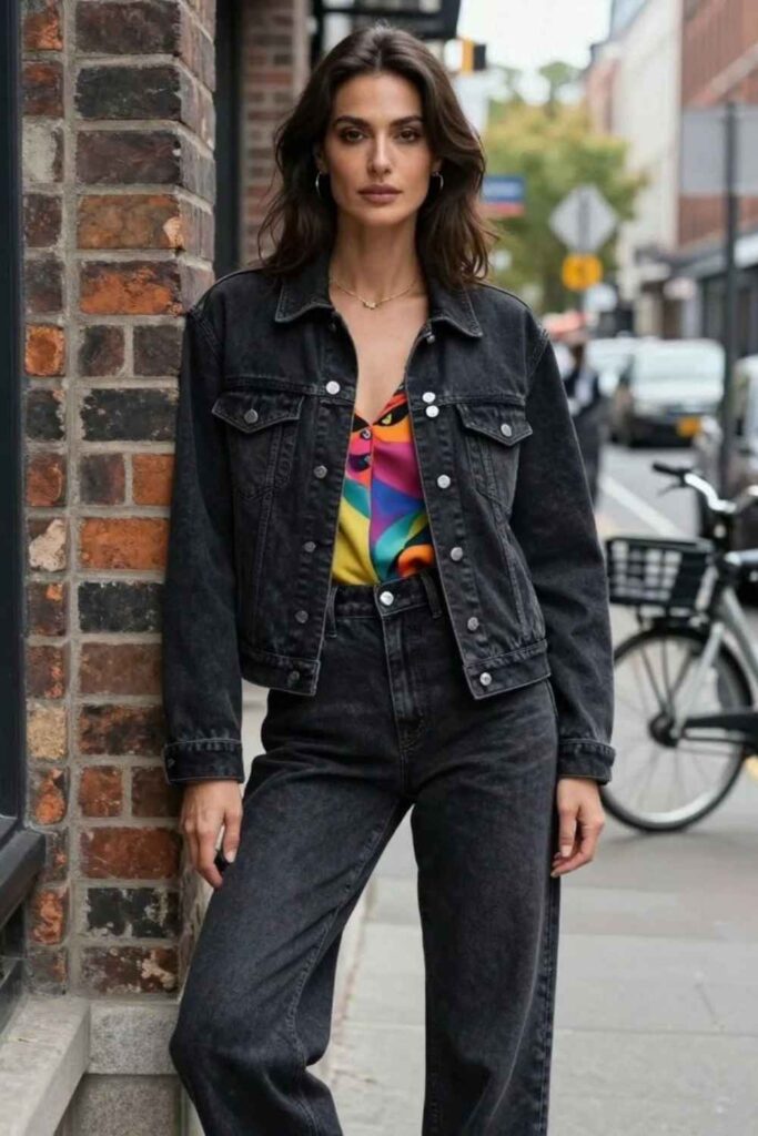 17 Street Style Outfits Casual Enough for Everyday But Cool Enough to Turn Heads 8 Patchwork Denim Jacket Over a Simple Black Outfit