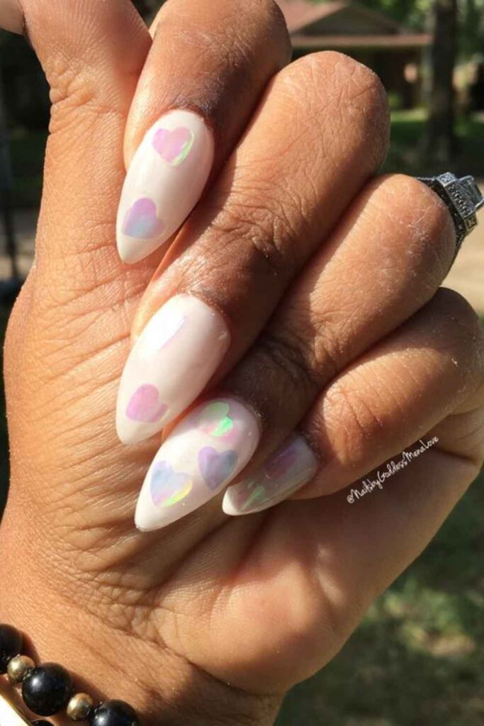 Pearl White Nails with Iridescent Heart Foil