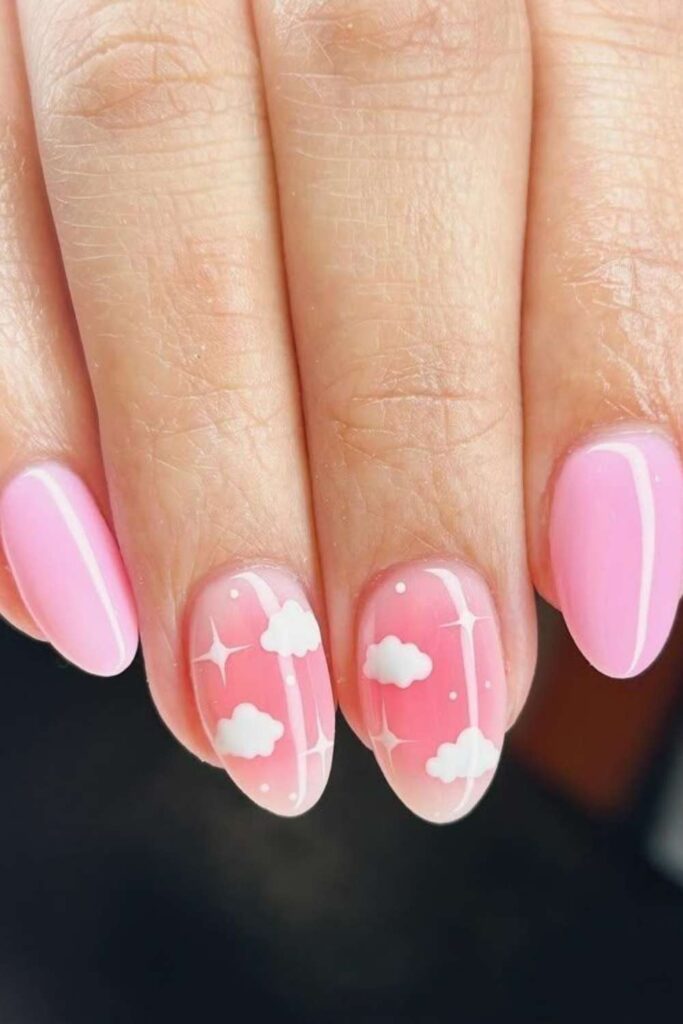 Pink Cloud Nails with Tiny Rainbow Detail