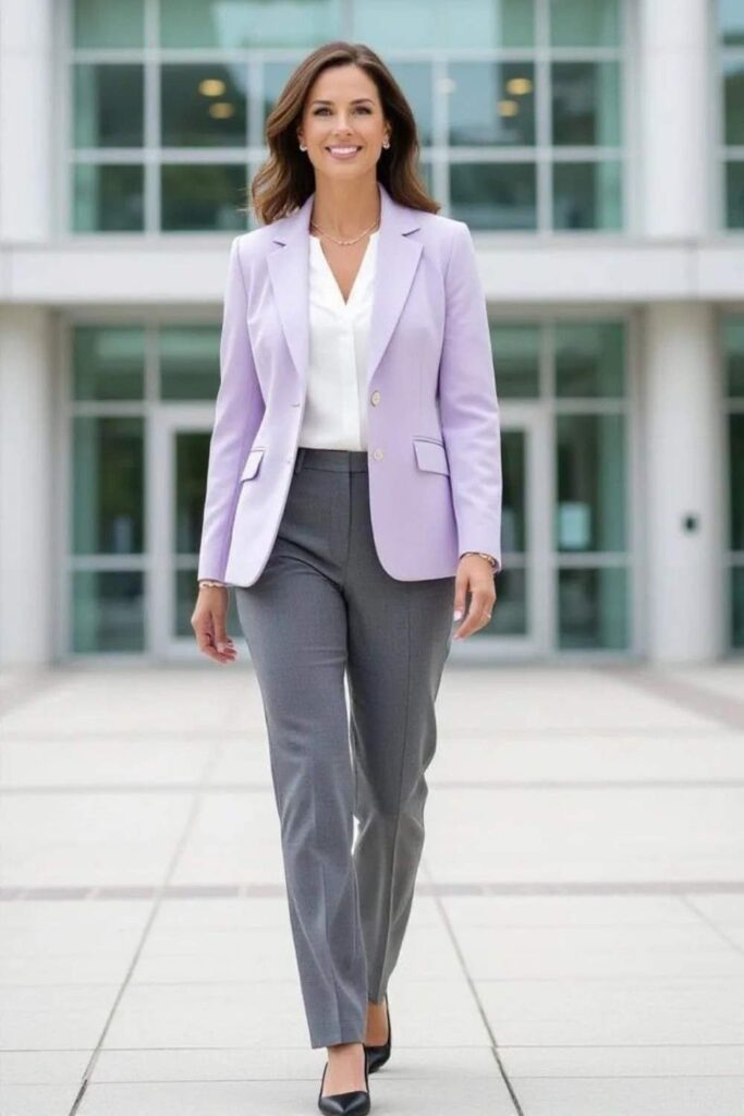 34 best Work Office Outfits That Actually Make Getting Dressed in the Morning Worth It 7 Pinstripe Straight-Leg Trousers with a Soft Lilac Blazer
