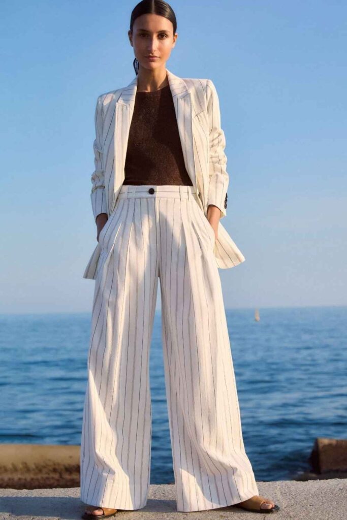 Pleated Wide-Leg Trousers with a Striped Marinière Top