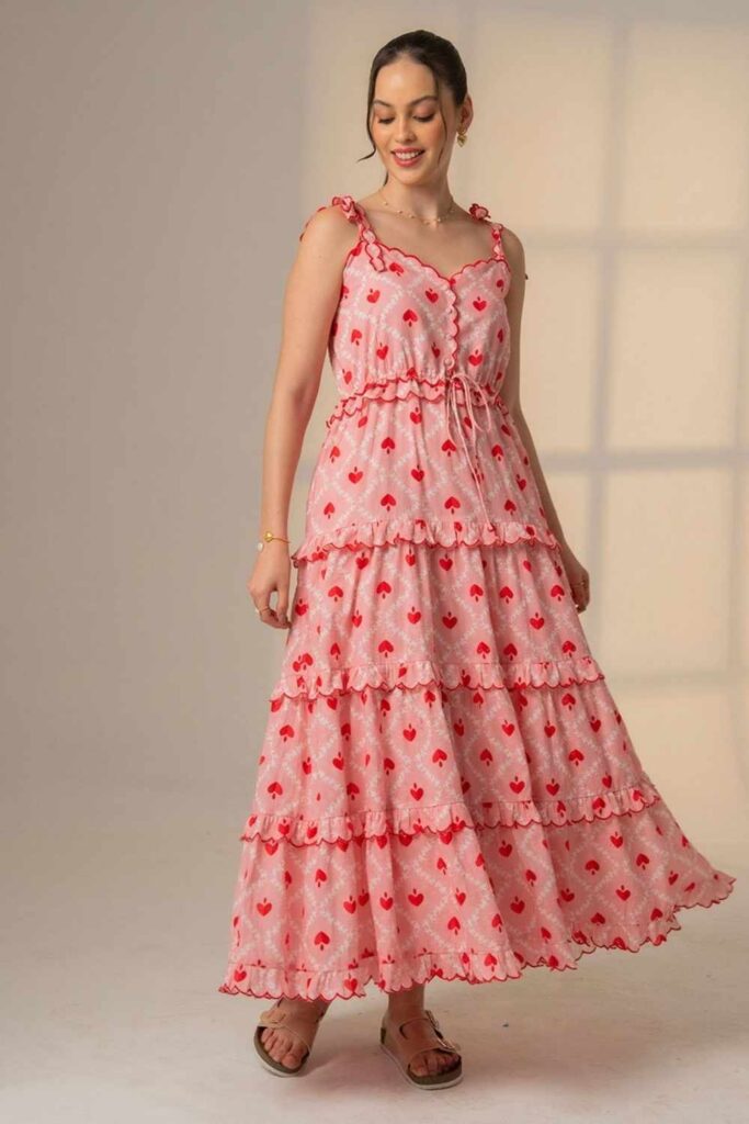 Printed Maxi Dress with a Denim Jacket and Flat Sandals