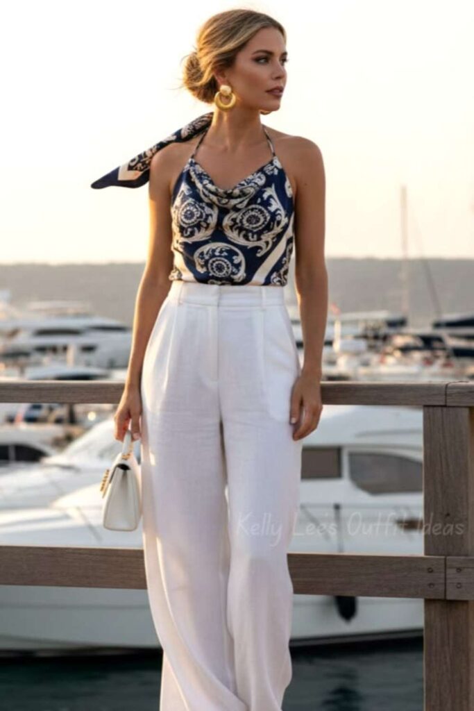 Printed Silk Scarf Top with High-Waisted White Trousers Summer Rooftop Event