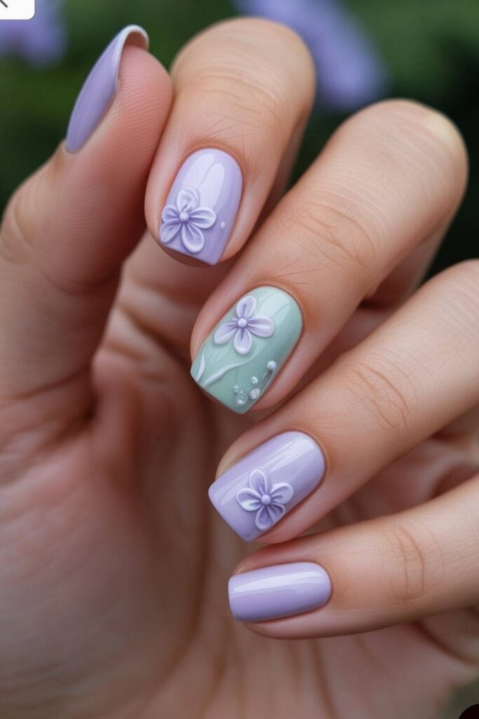 Purple Pansy on a Sage and White Negative Space Nail