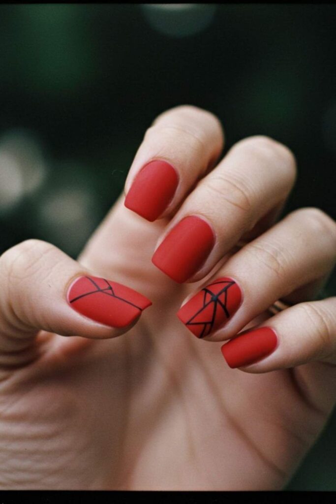 27 Red Acrylic Nails Designs That Look Expensive Without Trying Too Hard (2026) 6 Red Acrylic Nails with Black Geometric Accents