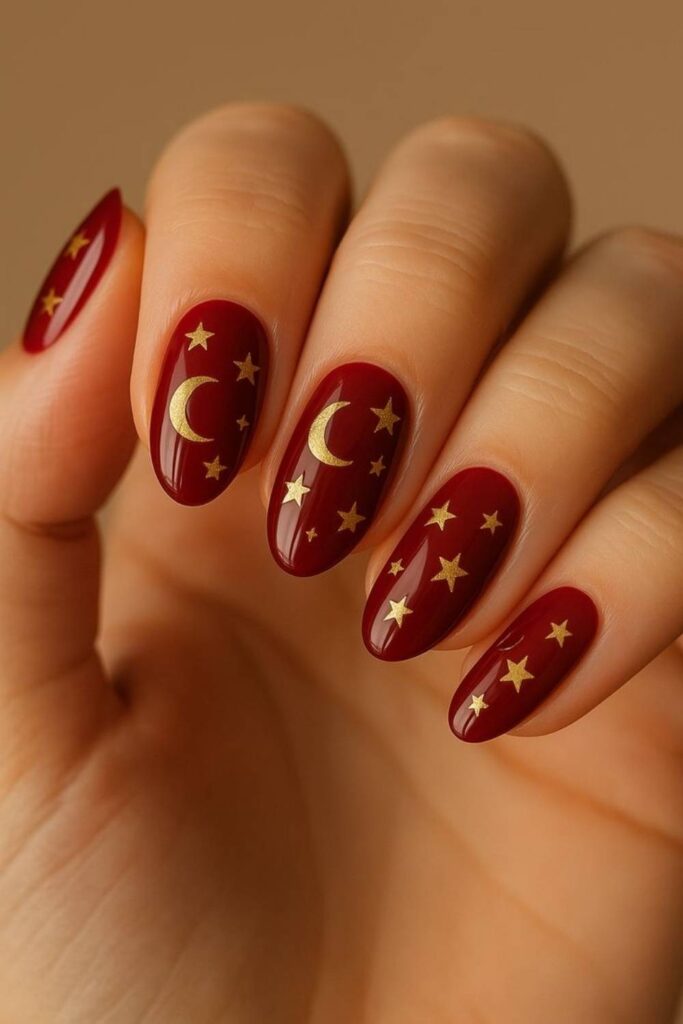 32 Red Acrylic Nail Designs That Always Look Like You Just Left the Salon 16 Red Acrylic Nails with Star and Moon Stamped Details