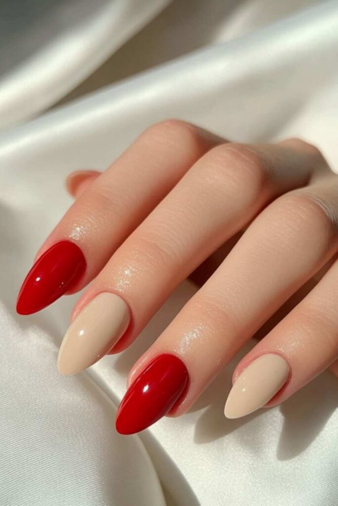 27 Red Acrylic Nails Designs That Look Expensive Without Trying Too Hard (2026) 7 Red and Nude Color Block Nails