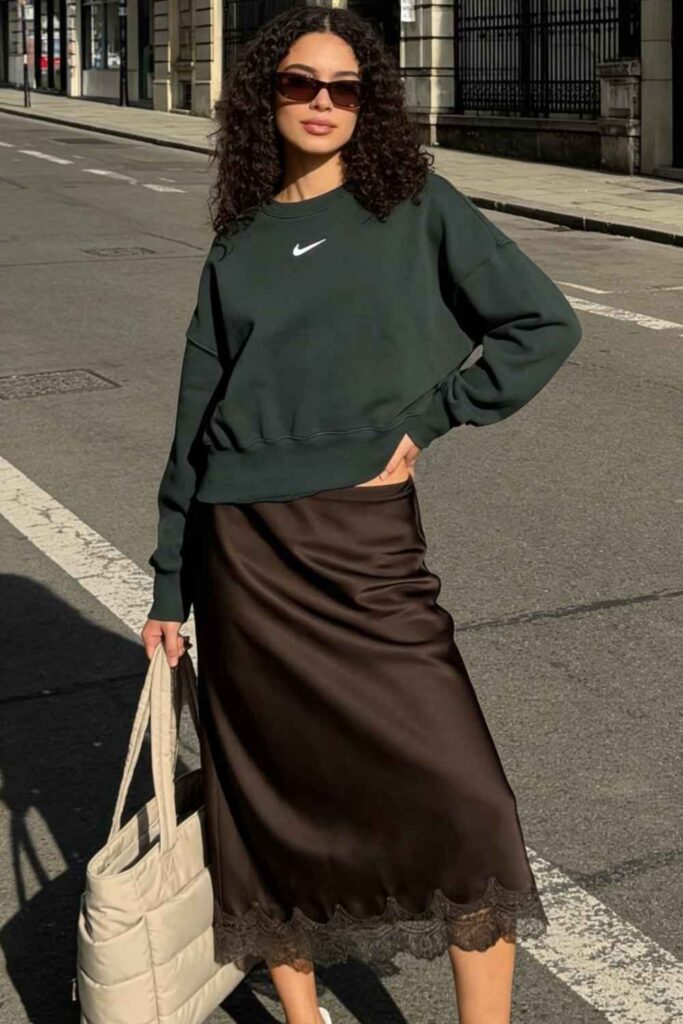 17 Street Style Outfits Casual Enough for Everyday But Cool Enough to Turn Heads 6 Relaxed Satin Slip Skirt Paired with a Washed Crewneck Sweatshirt