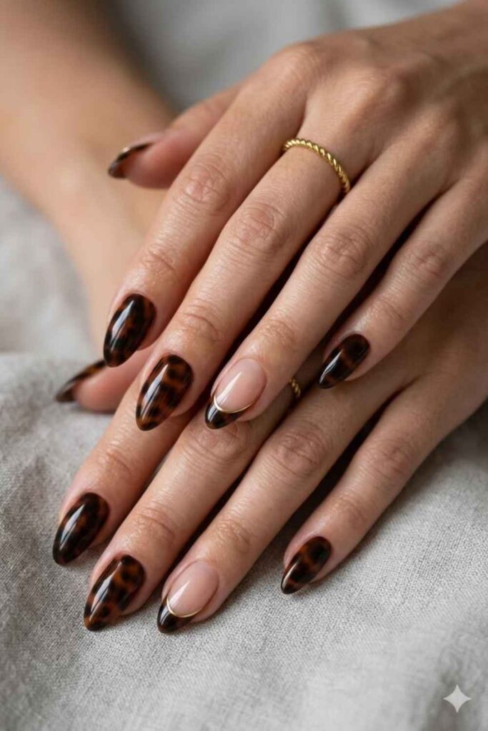 54 Cozy Fall Nails Aesthetic Ideas That Feel Like a Warm Latte in Your Hands 18 Rich Amber with Tortoiseshell French Tip