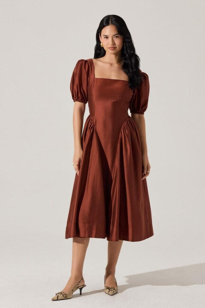 83 Curvy Girl Outfits That Look Effortlessly Chic (2026 Edit) 5 Ruched Midi Dress in Warm Terracotta