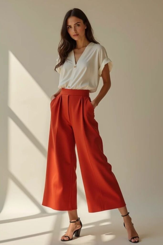 34 best Work Office Outfits That Actually Make Getting Dressed in the Morning Worth It 8 Rust Orange Straight-Leg Trousers with a White Oversized Shirt