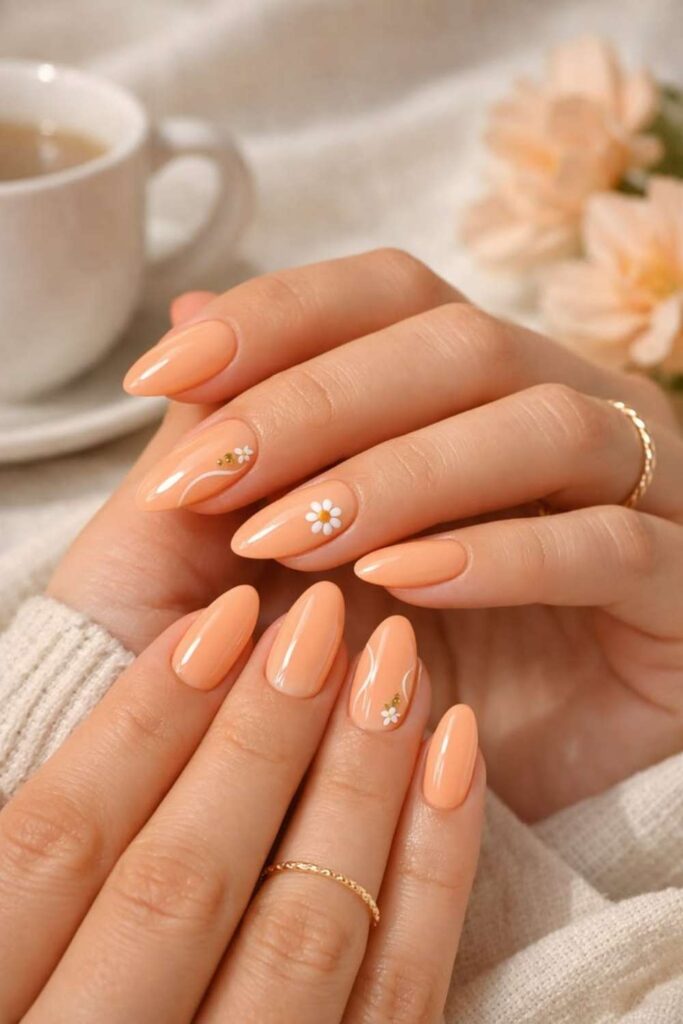 54 Cozy Fall Nails Aesthetic Ideas That Feel Like a Warm Latte in Your Hands 7 Rust Orange with Thin White Floral Detail