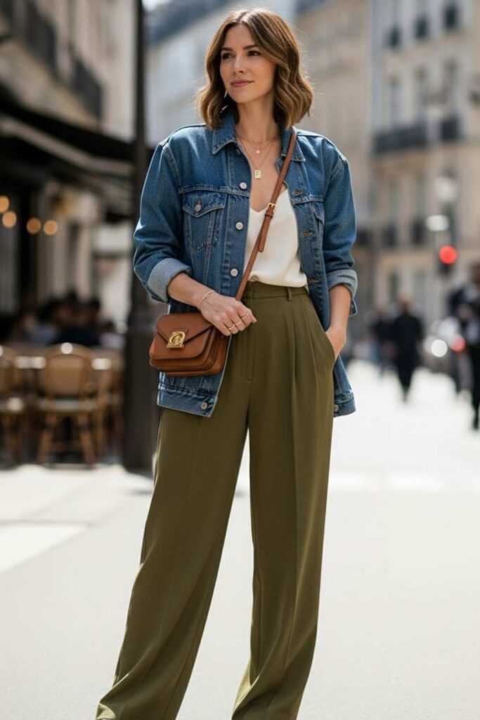 Sage Green Paperbag Pants with an Oversized Denim Jacket