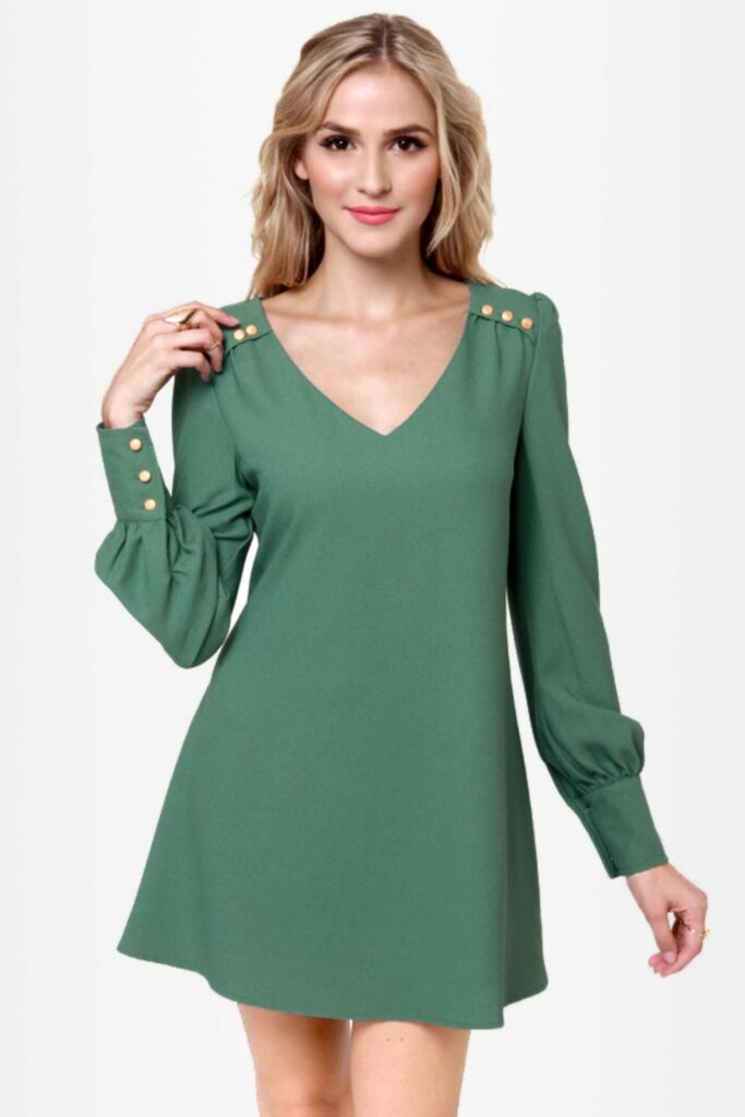 33 Stunning Office Outfits Women That Work From Desk to Dinner 10 Sage Green Shift Dress with a Matching Belt and Structured Tote