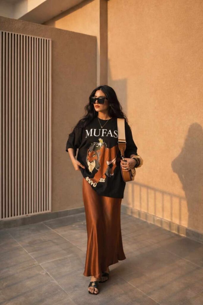 83 Curvy Girl Outfits That Look Effortlessly Chic (2026 Edit) 9 Satin Slip Skirt with an Oversized Graphic Tee (Knotted at the Side)