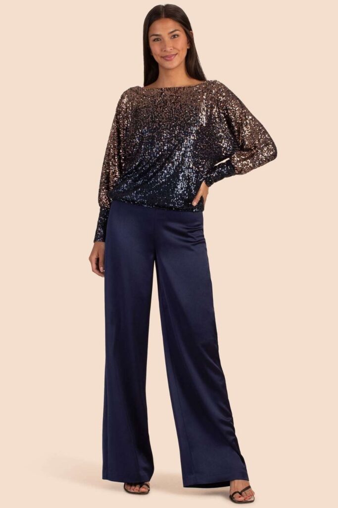 Sequin Top with Wide-Leg Tailored Trousers for Day-to-Night