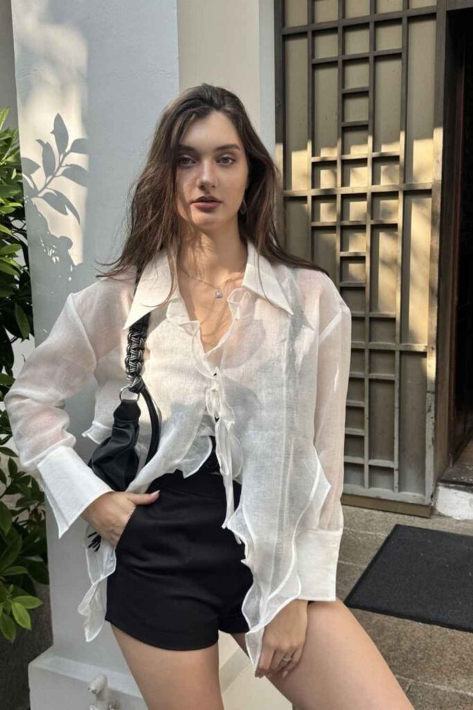 35 Budget Fashion Affordable Outfits That Look Anything But Cheap in 2026 13 Sheer Overlay Blouse with High-Waist Tailored Shorts