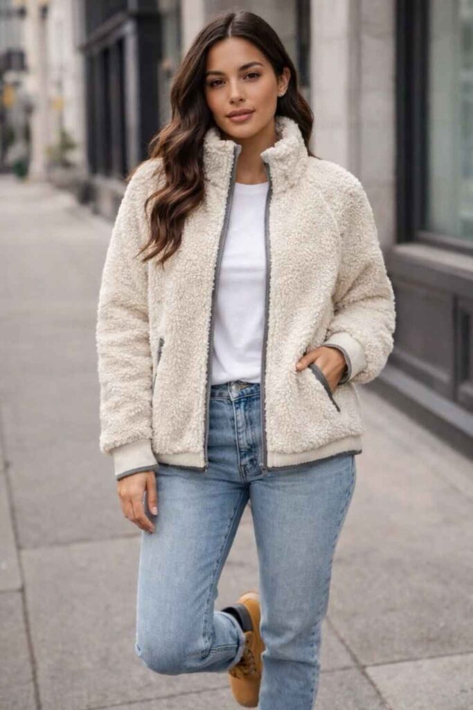 35 Budget Fashion Affordable Outfits That Look Anything But Cheap in 2026 18 Sherpa or Teddy Fleece Jacket with Straight-Leg Jeans and a Basic Tee