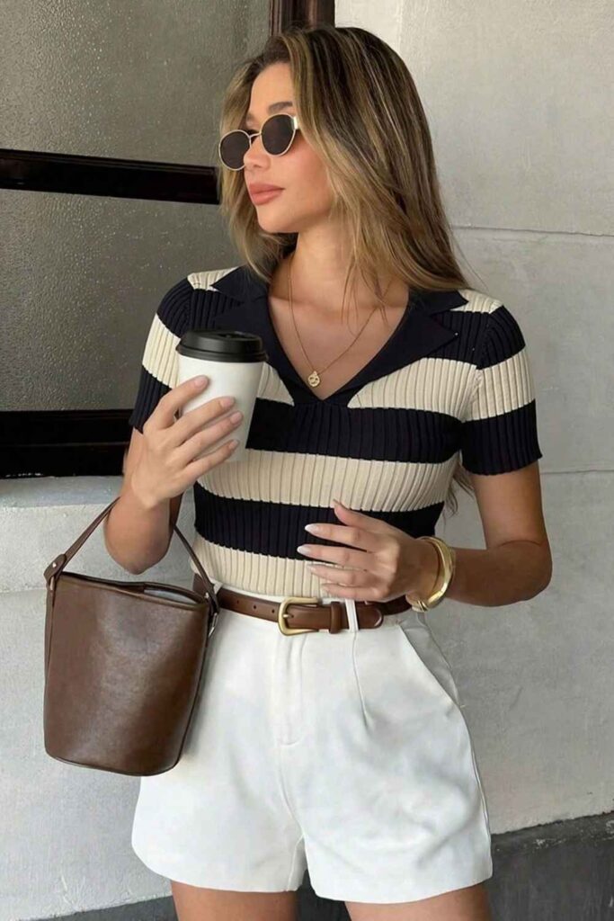 Shrunken Knit Polo with High-Waisted Tailored Shorts