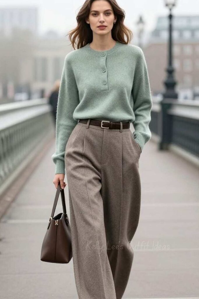 27 Color Matching Outfit Ideas That Look Effortlessly Put-Together in 2026 5 Slate Grey Trousers with a Muted Olive Knit