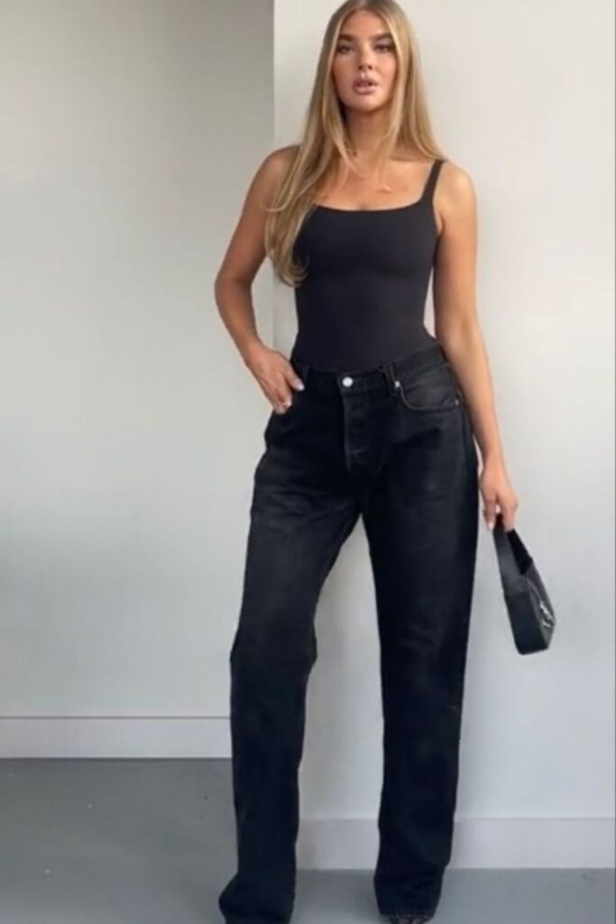 23 Date Night Outfits That Always Look Effortlessly Chic in 2026 7 Sleek Straight-Leg Pants with a Plunging V-Neck Bodysuit