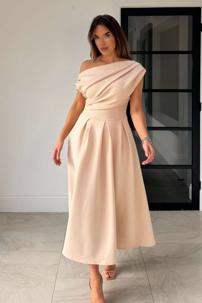 34 best Work Office Outfits That Actually Make Getting Dressed in the Morning Worth It 13 Soft Beige Midi Dress with a Structured Brown Belt
