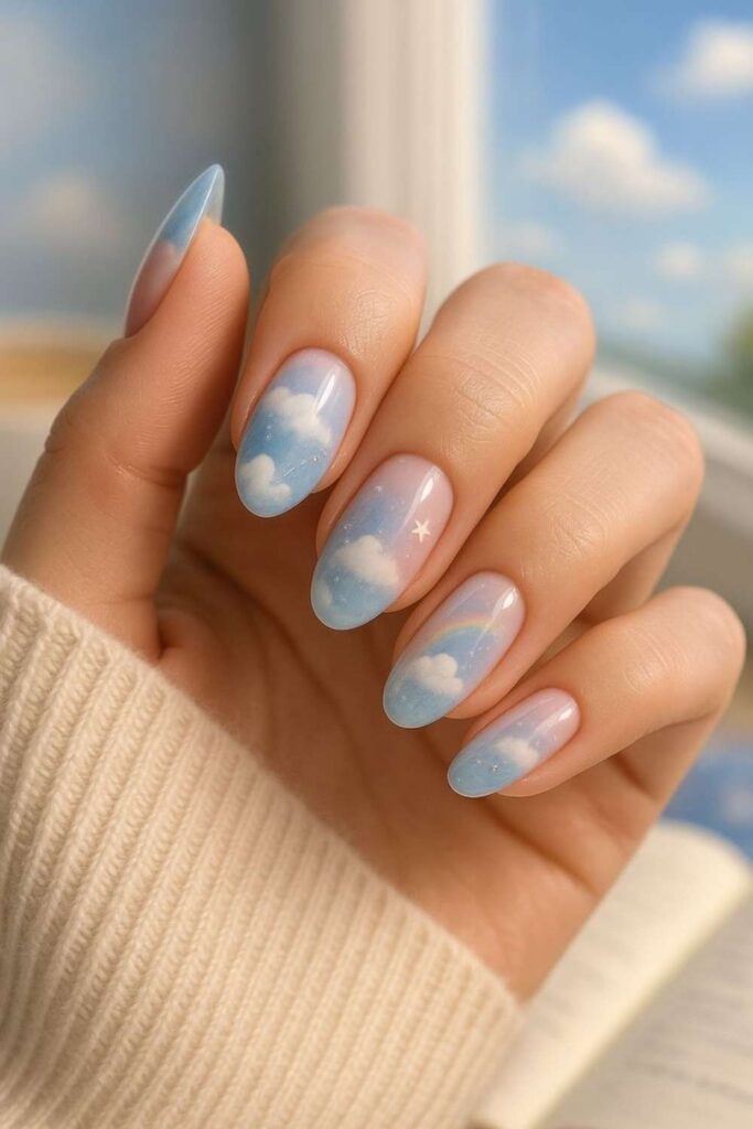 44 Cute Back to School Nails That'll Make You Actually Excited for September 4 Soft Blue with Cloud Details on the Accent Nail