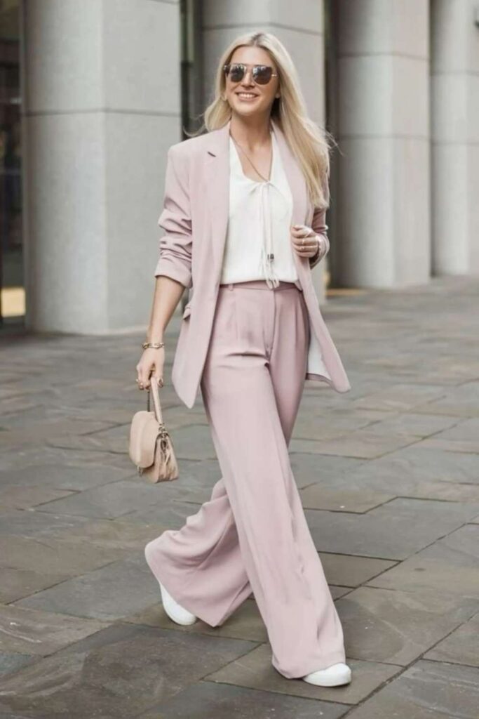 34 best Work Office Outfits That Actually Make Getting Dressed in the Morning Worth It 4 Soft Blush Blazer with Matching Wide-Leg Trousers