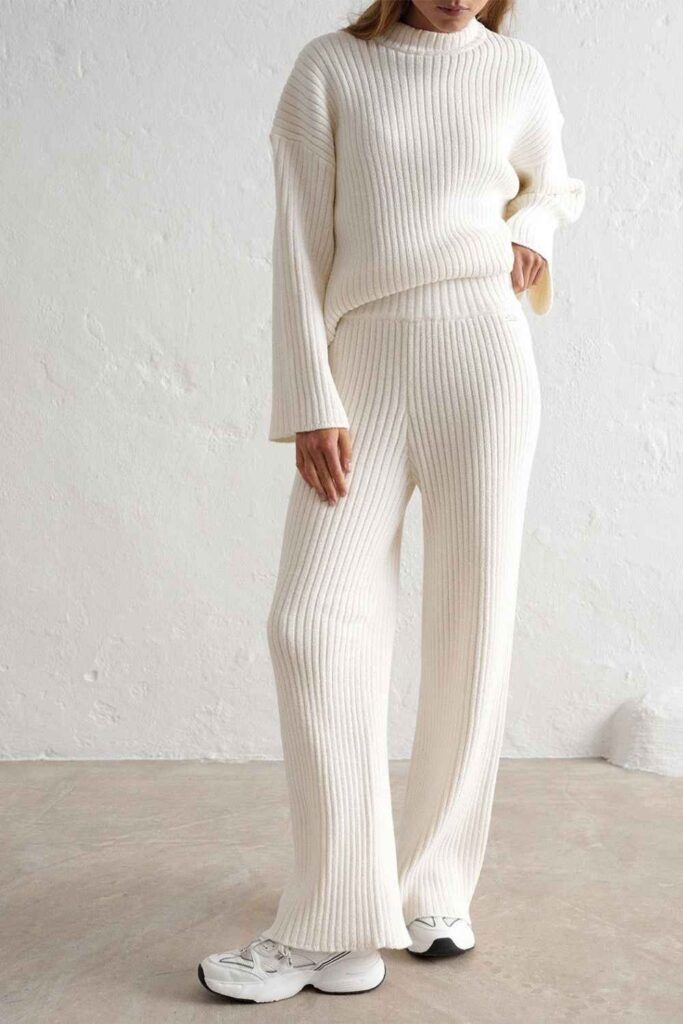 Soft Cream Knit Co-ord Set with Straight-Leg Fit