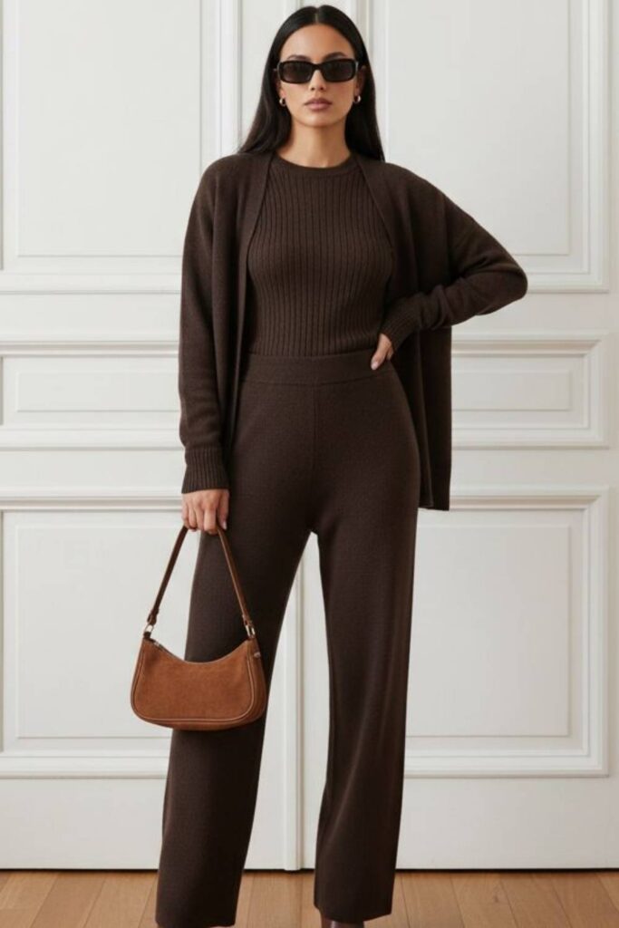 17 Street Style Outfits Casual Enough for Everyday But Cool Enough to Turn Heads 5 Soft Knit Co-ord Set in Caramel Brown with Low-Top Sneakers