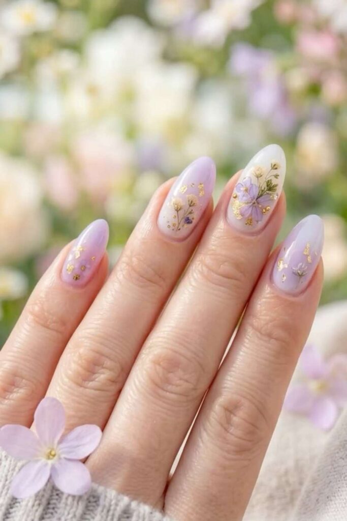 10 Simple Nail Designs for Beginners That Actually Look Expensive 15 Soft Lilac with Dried Flower Accent