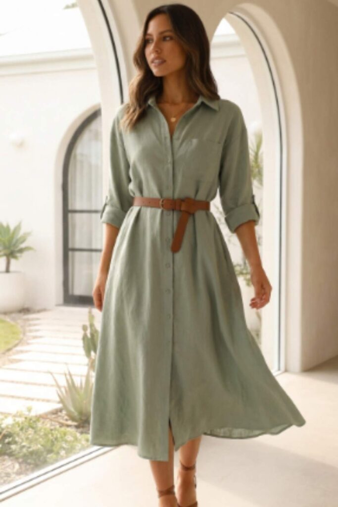 Soft Sage Green Midi Dress with Brown Strappy Sandals