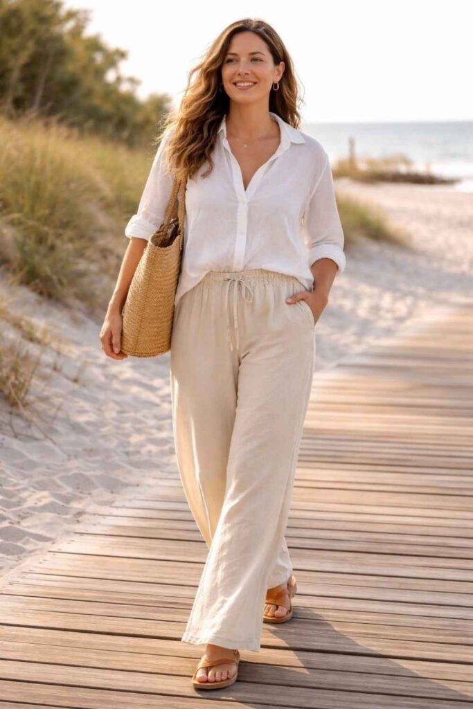 34 best Work Office Outfits That Actually Make Getting Dressed in the Morning Worth It 6 Stone Linen Trousers with a Flowy Cream Blouse