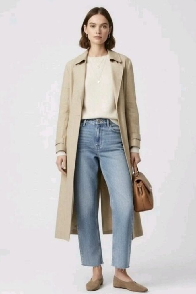 35 Budget Fashion Affordable Outfits That Look Anything But Cheap in 2026 2 Straight-Leg Jeans, White Tee, and a Tan Trench