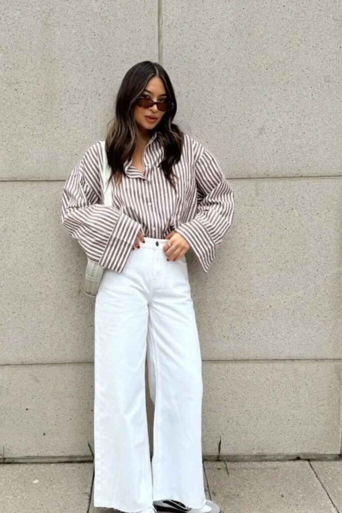 83 Curvy Girl Outfits That Look Effortlessly Chic (2026 Edit) 6 Straight-Leg White Jeans with a Striped Oversized Linen Shirt