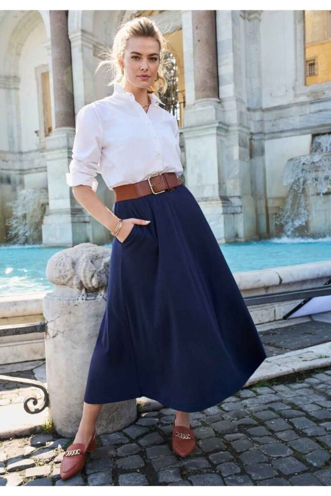 Structured Midi Skirt with a Tucked Silk Blouse for Curvy Figures