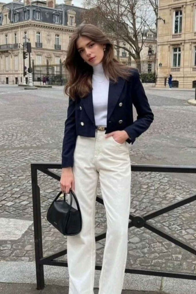 Structured Navy Blazer with Cropped White Jeans and Loafers Business Casual Interview