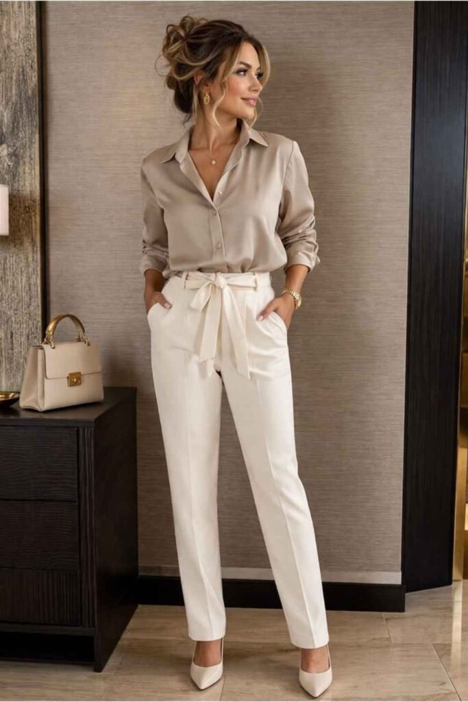 Tailored Cream Trousers with a Silk Cami and Pointed Mules Work Meeting