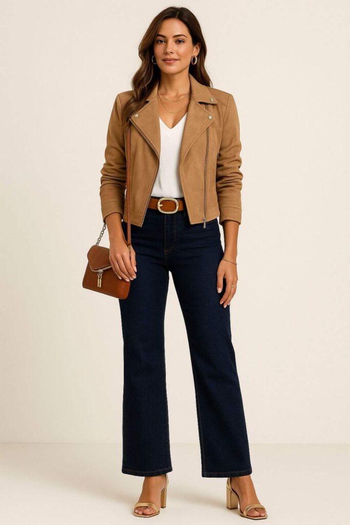 Tan Suede Jacket with a White Tee, Dark Jeans, and Western Boots
