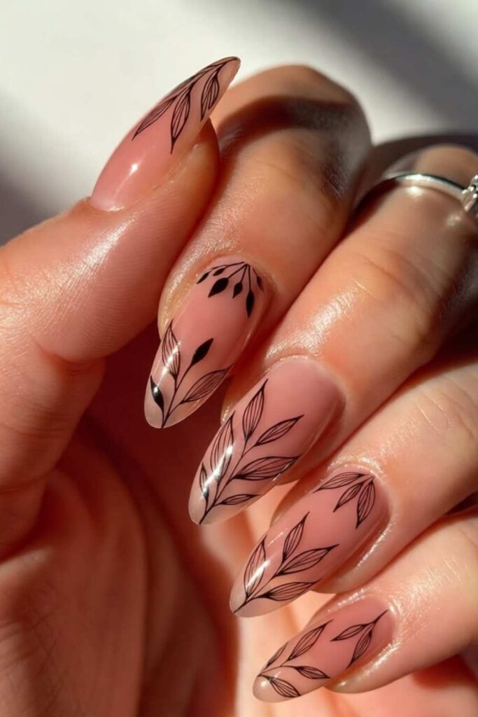 67 Nail Art Tutorial Ideas That Are Actually Worth Saving in 2026 10 Thin Botanical Line Art on a Nude Base