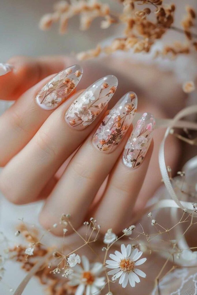 Transparent Nails with Dried Flower Inclusions