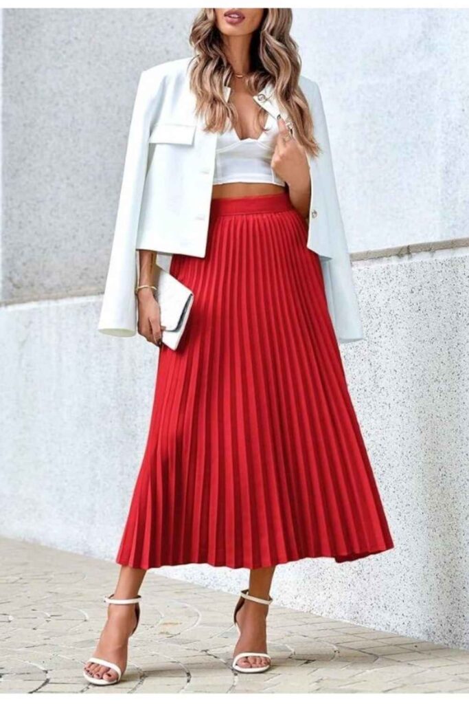 27 Color Matching Outfit Ideas That Look Effortlessly Put-Together in 2026 13 True Red Midi Skirt with a Soft Pink Fitted Top