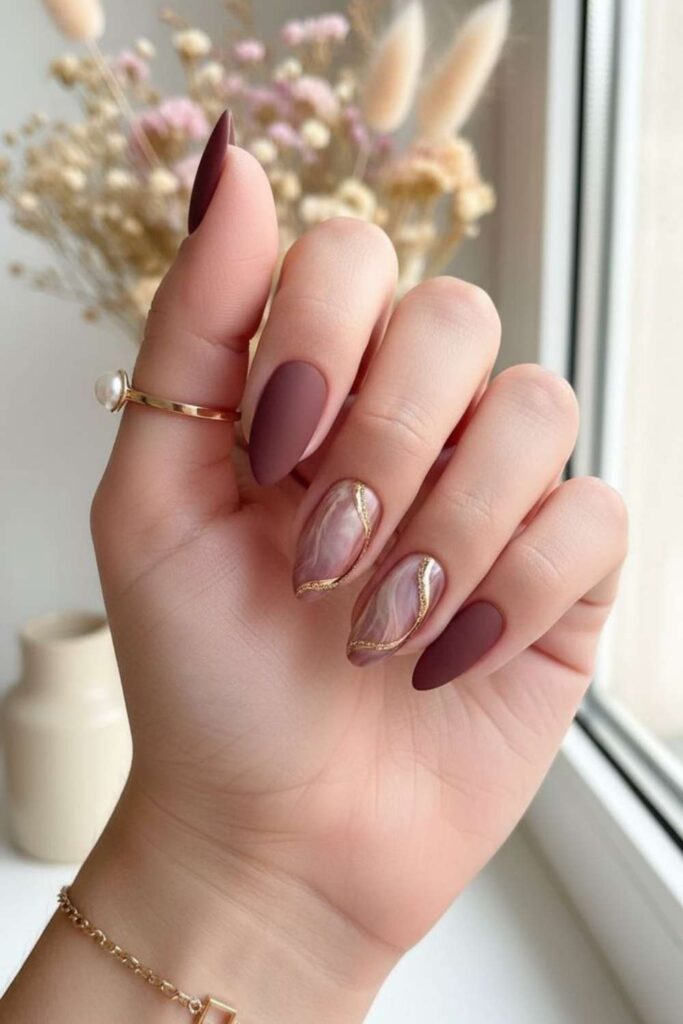 54 Cozy Fall Nails Aesthetic Ideas That Feel Like a Warm Latte in Your Hands 15 Warm Taupe with Subtle Marble Veining